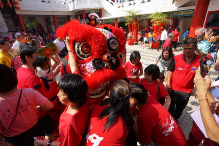Kuala Lumpur, Malaysia - February 5, 2019: Beautiful Lion Dance during Chinese New Year celebration in Thean Hou Temple.のeditorial素材