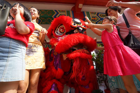 Kuala Lumpur, Malaysia - February 5, 2019: Beautiful Lion Dance during Chinese New Year celebration in Thean Hou Temple.のeditorial素材