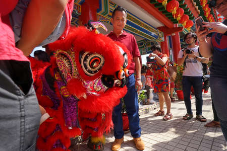 Kuala Lumpur, Malaysia - February 5, 2019: Beautiful Lion Dance during Chinese New Year celebration in Thean Hou Temple.のeditorial素材