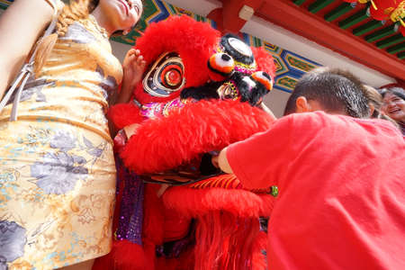 Kuala Lumpur, Malaysia - February 5, 2019: Beautiful Lion Dance during Chinese New Year celebration in Thean Hou Temple.のeditorial素材