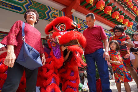 Kuala Lumpur, Malaysia - February 5, 2019: Beautiful Lion Dance during Chinese New Year celebration in Thean Hou Temple.のeditorial素材