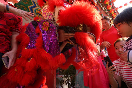 Kuala Lumpur, Malaysia - February 5, 2019: Beautiful Lion Dance during Chinese New Year celebration in Thean Hou Temple.のeditorial素材