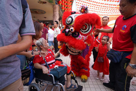 Kuala Lumpur, Malaysia - February 5, 2019: Beautiful Lion Dance during Chinese New Year celebration in Thean Hou Temple.のeditorial素材