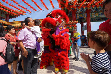 Kuala Lumpur, Malaysia - February 5, 2019: Beautiful Lion Dance during Chinese New Year celebration in Thean Hou Temple.のeditorial素材