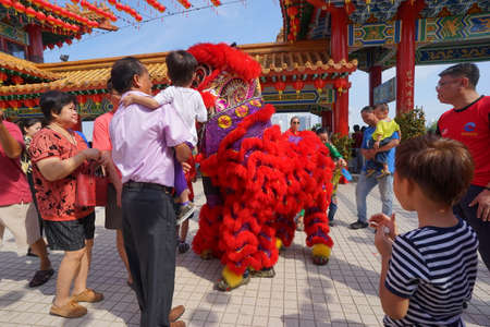 Kuala Lumpur, Malaysia - February 5, 2019: Beautiful Lion Dance during Chinese New Year celebration in Thean Hou Temple.のeditorial素材