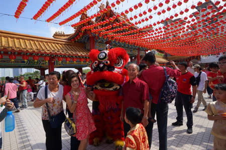 Kuala Lumpur, Malaysia - February 5, 2019: Beautiful Lion Dance during Chinese New Year celebration in Thean Hou Temple.のeditorial素材