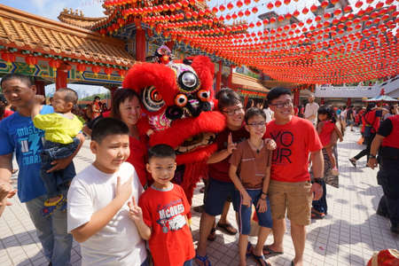 Kuala Lumpur, Malaysia - February 5, 2019: Beautiful Lion Dance during Chinese New Year celebration in Thean Hou Temple.のeditorial素材