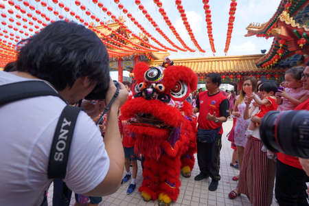 Kuala Lumpur, Malaysia - February 5, 2019: Beautiful Lion Dance during Chinese New Year celebration in Thean Hou Temple.のeditorial素材