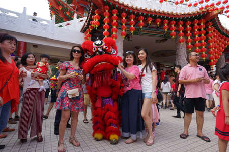 Kuala Lumpur, Malaysia - February 5, 2019: Beautiful Lion Dance during Chinese New Year celebration in Thean Hou Temple.のeditorial素材