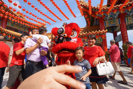 Kuala Lumpur, Malaysia - February 5, 2019: Beautiful Lion Dance during Chinese New Year celebration in Thean Hou Temple.のeditorial素材