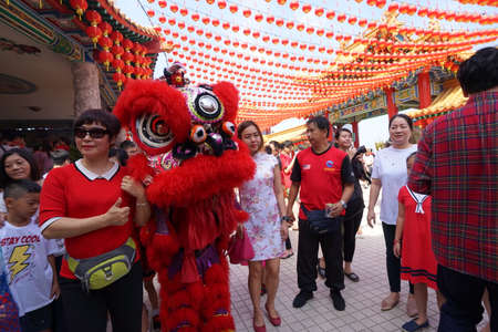 Kuala Lumpur, Malaysia - February 5, 2019: Beautiful Lion Dance during Chinese New Year celebration in Thean Hou Temple.のeditorial素材