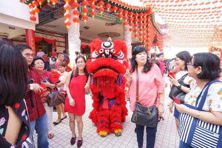Kuala Lumpur, Malaysia - February 5, 2019: Beautiful Lion Dance during Chinese New Year celebration in Thean Hou Temple.のeditorial素材