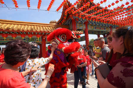 Kuala Lumpur, Malaysia - February 5, 2019: Beautiful Lion Dance during Chinese New Year celebration in Thean Hou Temple.のeditorial素材