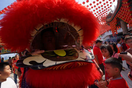 Kuala Lumpur, Malaysia - February 5, 2019: Beautiful Lion Dance during Chinese New Year celebration in Thean Hou Temple.のeditorial素材