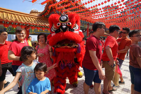 Kuala Lumpur, Malaysia - February 5, 2019: Beautiful Lion Dance during Chinese New Year celebration in Thean Hou Temple.のeditorial素材