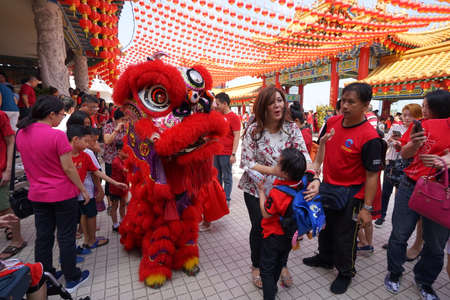 Kuala Lumpur, Malaysia - February 5, 2019: Beautiful Lion Dance during Chinese New Year celebration in Thean Hou Temple.のeditorial素材