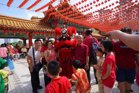 Kuala Lumpur, Malaysia - February 5, 2019: Beautiful Lion Dance during Chinese New Year celebration in Thean Hou Temple.のeditorial素材