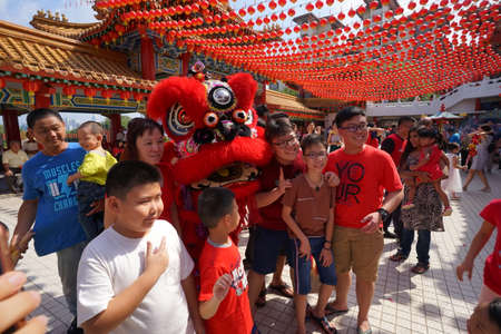 Kuala Lumpur, Malaysia - February 5, 2019: Beautiful Lion Dance during Chinese New Year celebration in Thean Hou Temple.のeditorial素材