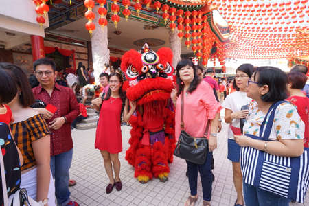 Kuala Lumpur, Malaysia - February 5, 2019: Beautiful Lion Dance during Chinese New Year celebration in Thean Hou Temple.のeditorial素材