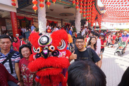 Kuala Lumpur, Malaysia - February 5, 2019: Beautiful Lion Dance during Chinese New Year celebration in Thean Hou Temple.のeditorial素材