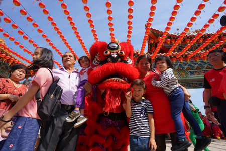 Kuala Lumpur, Malaysia - February 5, 2019: Beautiful Lion Dance during Chinese New Year celebration in Thean Hou Temple.のeditorial素材