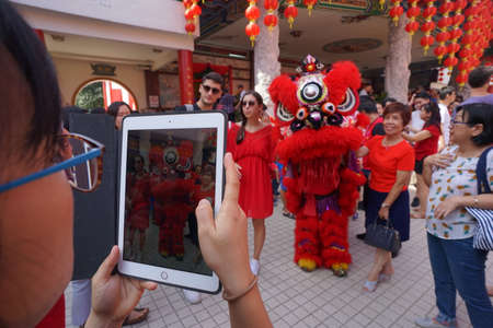 Kuala Lumpur, Malaysia - February 5, 2019: Beautiful Lion Dance during Chinese New Year celebration in Thean Hou Temple.のeditorial素材