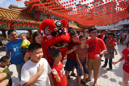 Kuala Lumpur, Malaysia - February 5, 2019: Beautiful Lion Dance during Chinese New Year celebration in Thean Hou Temple.のeditorial素材