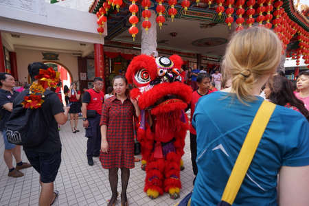 Kuala Lumpur, Malaysia - February 5, 2019: Beautiful Lion Dance during Chinese New Year celebration in Thean Hou Temple.のeditorial素材
