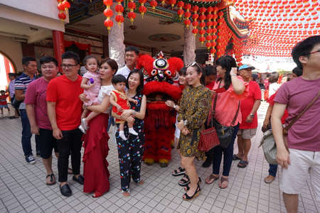 Kuala Lumpur, Malaysia - February 5, 2019: Beautiful Lion Dance during Chinese New Year celebration in Thean Hou Temple.のeditorial素材