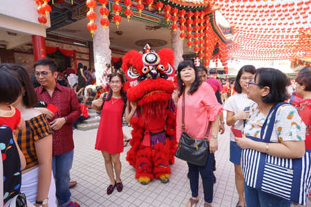 Kuala Lumpur, Malaysia - February 5, 2019: Beautiful Lion Dance during Chinese New Year celebration in Thean Hou Temple.のeditorial素材