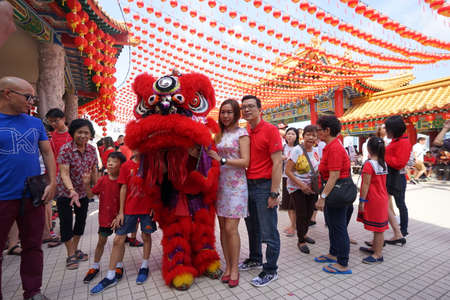 Kuala Lumpur, Malaysia - February 5, 2019: Beautiful Lion Dance during Chinese New Year celebration in Thean Hou Temple.のeditorial素材
