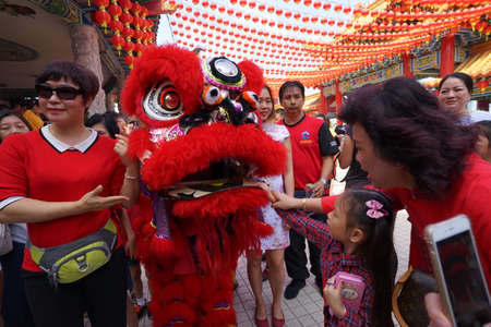 Kuala Lumpur, Malaysia - February 5, 2019: Beautiful Lion Dance during Chinese New Year celebration in Thean Hou Temple.のeditorial素材