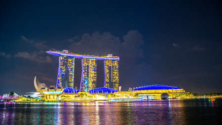 Singapore - February, 2020: Beautiful laser show at Marina Bay waterfront in Singapore at night. Wonderful laser show and water in Southeast Asia.のeditorial素材