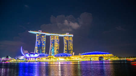 Singapore - February, 2020: Beautiful laser show at Marina Bay waterfront in Singapore at night. Wonderful laser show and water in Southeast Asia.のeditorial素材