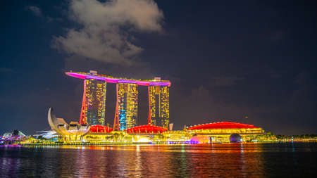 Singapore - February, 2020: Beautiful laser show at Marina Bay waterfront in Singapore at night. Wonderful laser show and water in Southeast Asia.のeditorial素材
