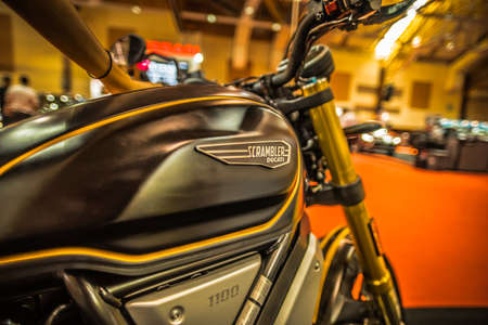 Kuala Lumpur, Malaysia â€“ April 11, 2019 â€“ Car and motocycle displayed at Moto Show in...