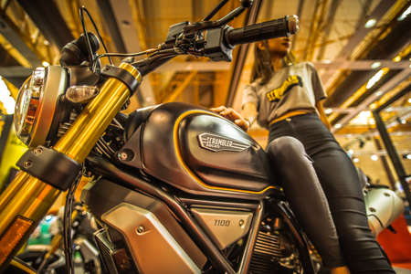 Kuala Lumpur, Malaysia â€“ April 11, 2019 â€“ Car and motocycle displayed at Moto Show in...