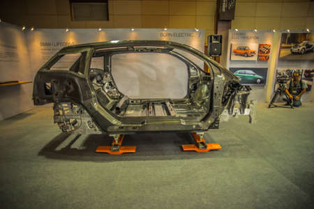 Kuala Lumpur, Malaysia â April 11, 2019 â Car and motocycle displayed at Moto Show in Kuala Lumpur. Exhibitors present most interesting aspects of the automotive industry. The image contains certain grain or noise and soft focus.のeditorial素材