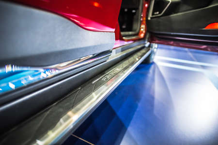 Kuala Lumpur, Malaysia â April 11, 2019 â Car and motocycle displayed at Moto Show in Kuala Lumpur. Exhibitors present most interesting aspects of the automotive industry. The image contains certain grain or noise and soft focus.のeditorial素材