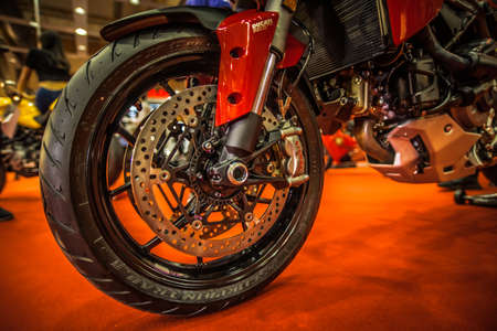 Kuala Lumpur, Malaysia  April 11, 2019  Car and motocycle displayed at Moto Show in Kuala Lumpur. Exhibitors present most interesting aspects of the automotive industry. The image contains certain grain or noise and soft focus.のeditorial素材