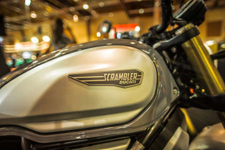 Kuala Lumpur, Malaysia â April 11, 2019 â Car and motocycle displayed at Moto Show in Kuala Lumpur. Exhibitors present most interesting aspects of the automotive industry. The image contains certain grain or noise and soft focus.のeditorial素材