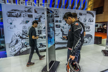 Kuala Lumpur, Malaysia  April 11, 2019  Car and motocycle displayed at Moto Show in Kuala Lumpur. Exhibitors present most interesting aspects of the automotive industry. The image contains certain grain or noise and soft focus.のeditorial素材