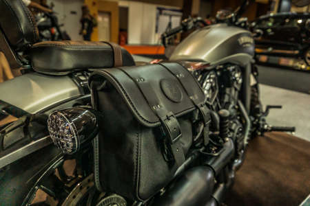 Kuala Lumpur, Malaysia â April 11, 2019 â Car and motocycle displayed at Moto Show in Kuala Lumpur. Exhibitors present most interesting aspects of the automotive industry. The image contains certain grain or noise and soft focus.のeditorial素材
