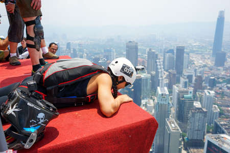 Kuala Lumpur, Malaysia â€“ September 29, 2018: Base Jumpers landed from a 300m high deck during...