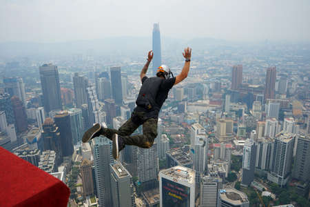 Kuala Lumpur, Malaysia â€“ September 29, 2018: Base Jumpers landed from a 300m high deck during...