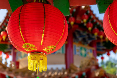 The beautiful decoration of Red Lantern during  Chinese New Year at the temple. The image contains certain grain or noise and soft focus.の写真素材