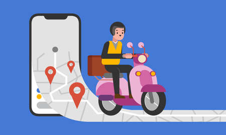 vector design of delivery man riding motorcycle illustration, fully editableのイラスト素材