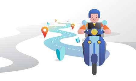 vector design of delivery man riding motorcycle illustration, fully editableのイラスト素材