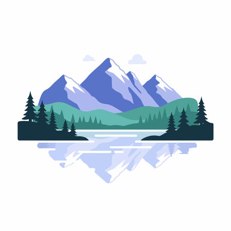 Serene mountain lake landscape with snow-capped peaks, evergreen forest, and a clear reflection in the water, representing natural beauty and outdoor adventure.のイラスト素材