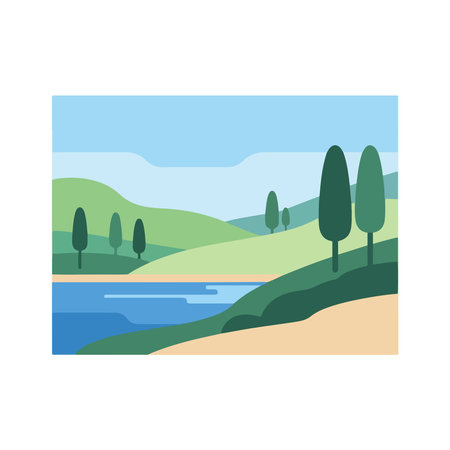 A serene flat design landscape illustration featuring rolling green hills, a calm blue lake or river, and stylized trees under a clear sky, evoking a sense of peace and natural beauty.のイラスト素材